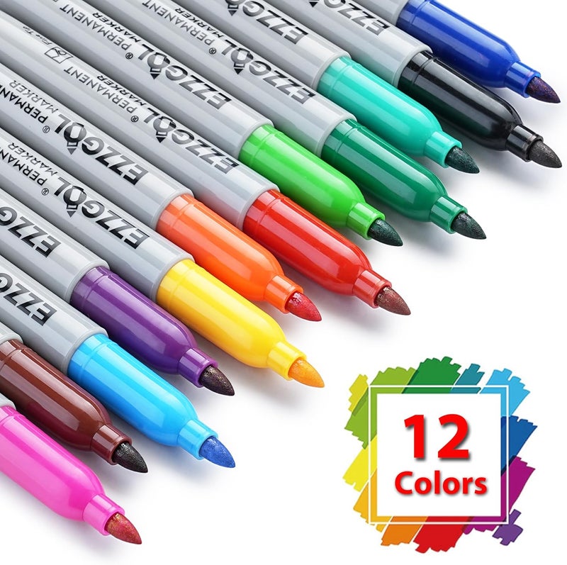 Ezzgol Markers دائمة بالجملة، عبوة Markers دائمة مكونة من 72، 12 لون متنوع، Markers دائمة ذات نقطة رفيعة لتلوين البالغين كمستلزمات مكتبية ومدرسية - Image 2